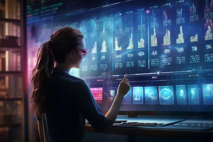 Woman pointing at a large screen of data charts and figures