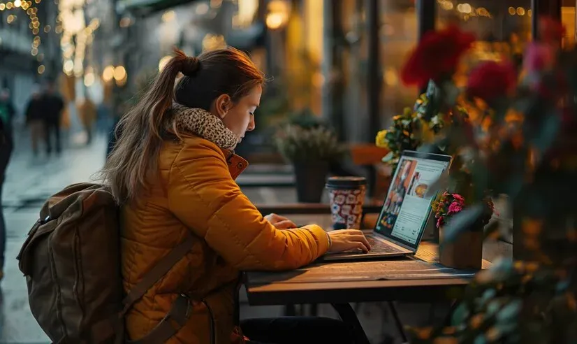 Young woman studying on a laptop at an outdoor café table