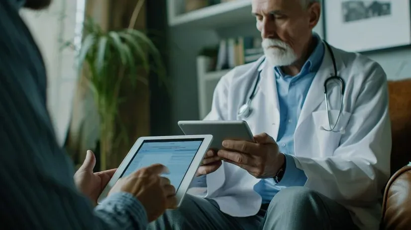 Doctor and patient each using a tablet during a consultation