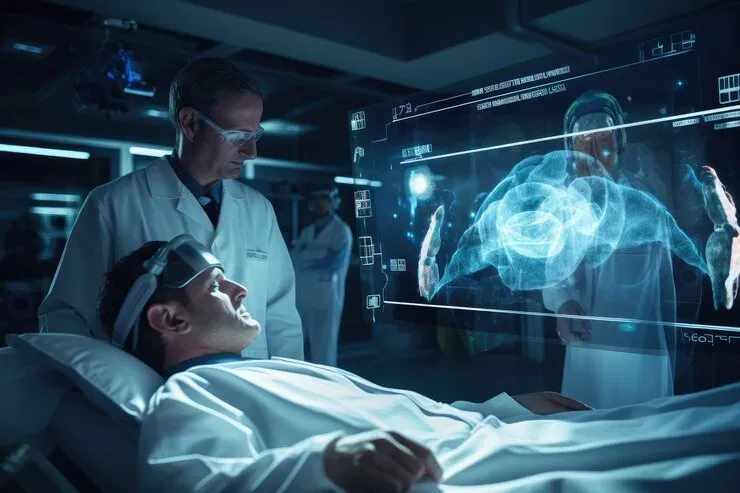 Doctor beside a patient in a headset, with a holographic body scan display