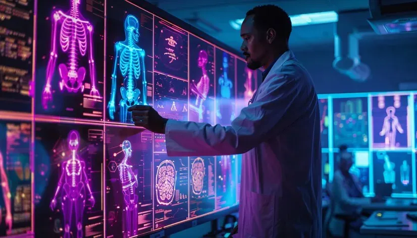 Doctor pointing at holographic skeleton and body scans on a display wall