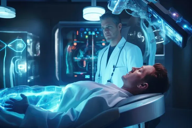 Doctor standing beside a patient lying under futuristic scanning equipment