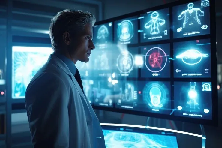 Doctor studying a wall of glowing medical scan screens