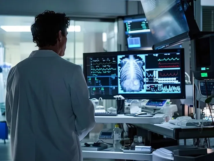 Doctor viewing a chest scan and vital signs on hospital monitors