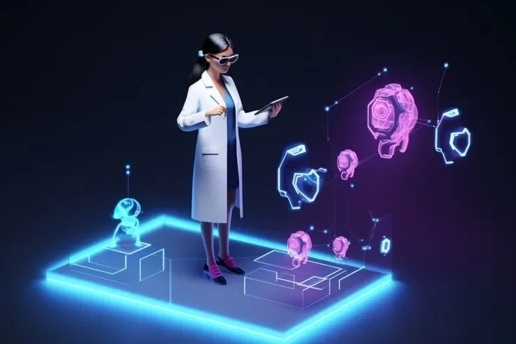 Illustrated doctor with a tablet beside holographic medical models