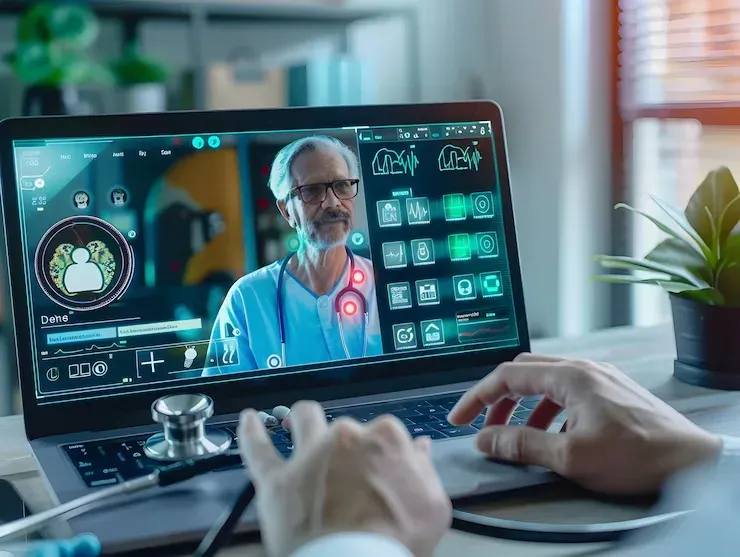 Laptop showing a video call with a doctor and health data panels