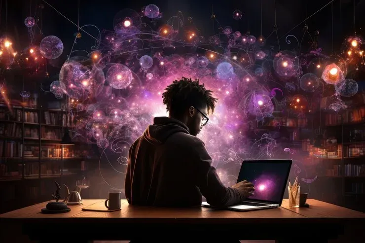 Student at a laptop in a library under glowing bubbles of light