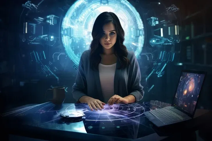 Woman at a desk surrounded by holographic interfaces