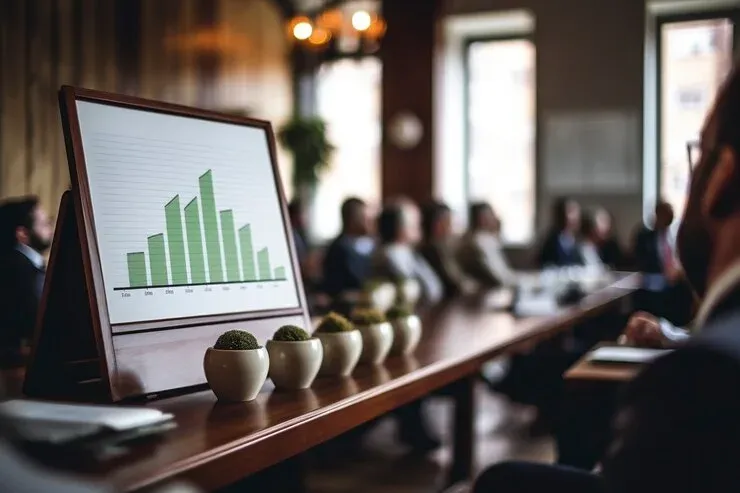 Bar chart on a display stand at a long table during a meeting
