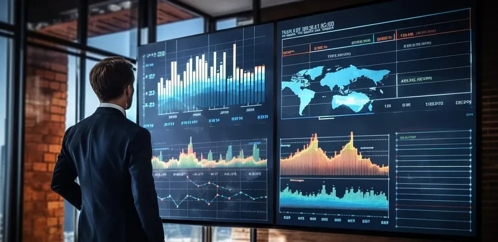 Man in a suit studying large screens of charts and a world map