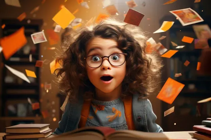 Surprised young girl with glasses at a desk as papers fly around her
