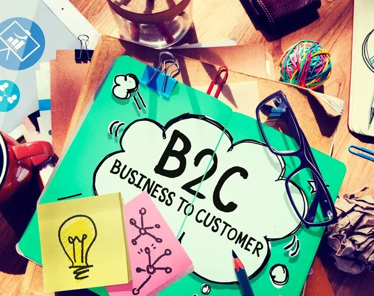 Notebook with B2C, business to customer, written in a speech cloud
