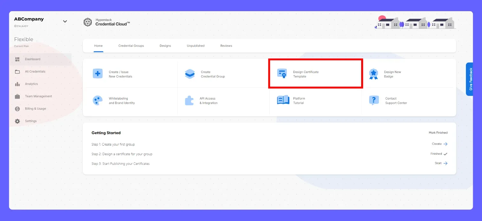 Hyperstack dashboard with the Design Certificate Template option highlighted