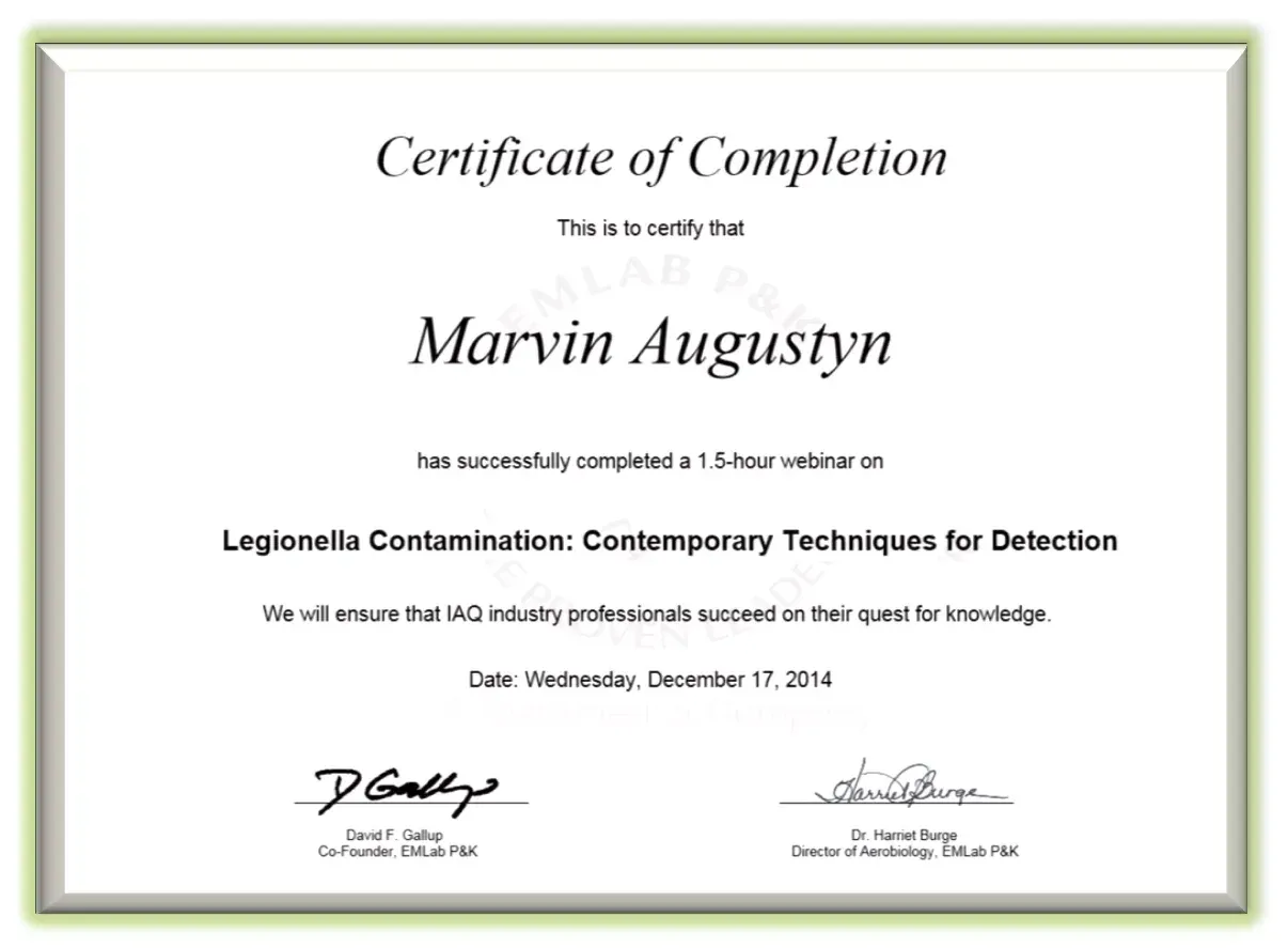 Sample certificate of completion showing recipient name, webinar title, date and two signatures