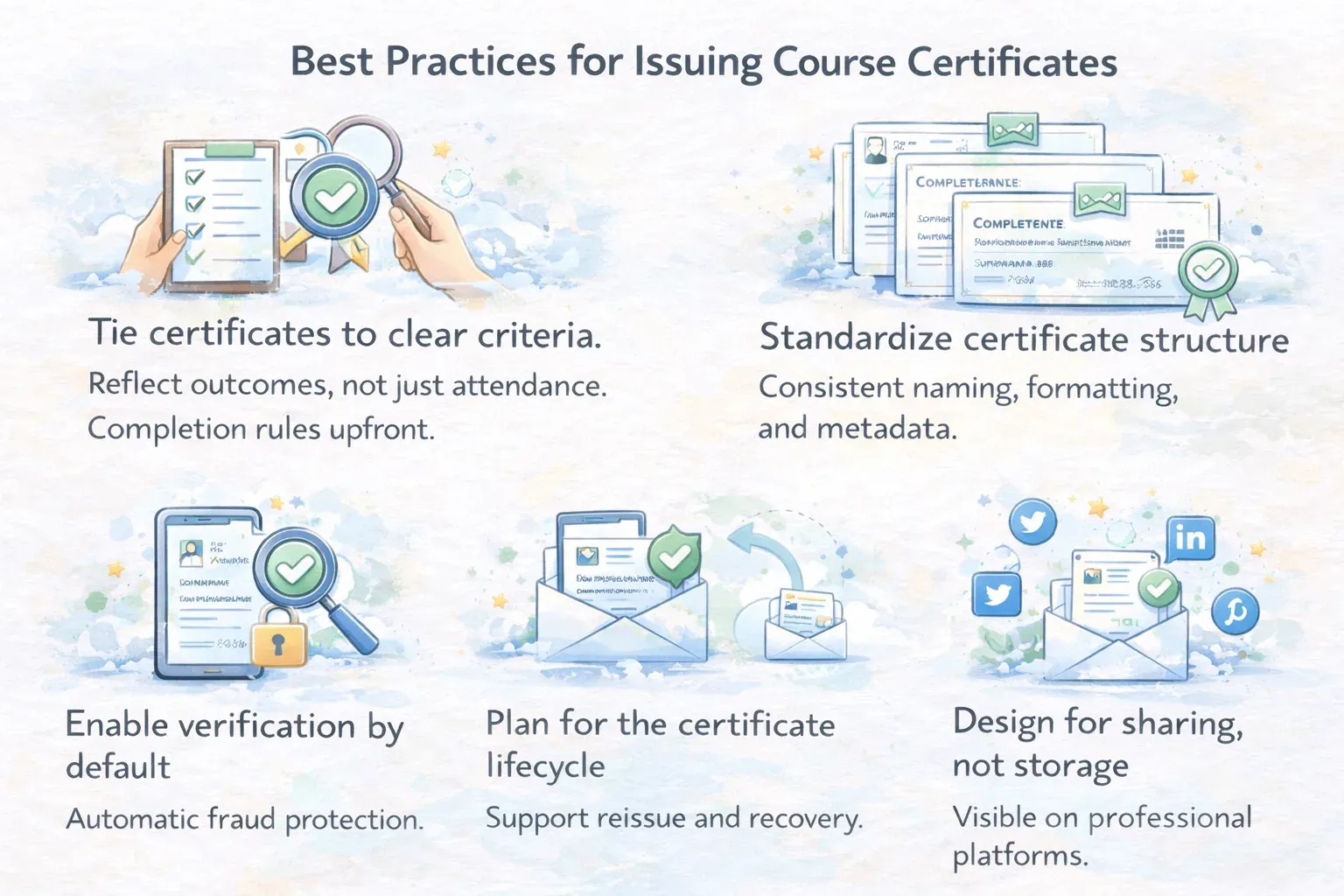 Best practices for issuing course certificates, from clear criteria to verification and sharing