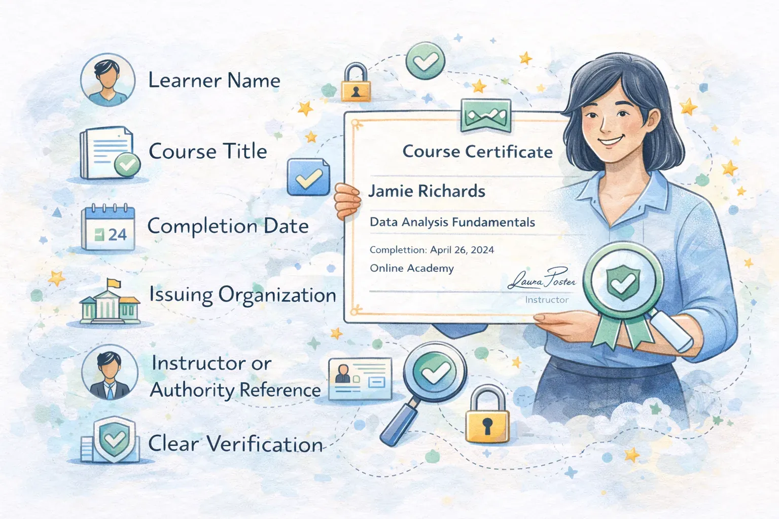 Course certificate fields: learner name, course title, completion date, issuer, instructor and verification